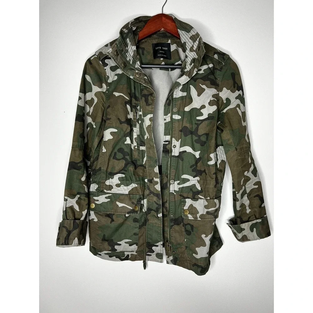 Love Tree Utility Jacket Womens Medium Green Camo Military Safari Cargo Rugged